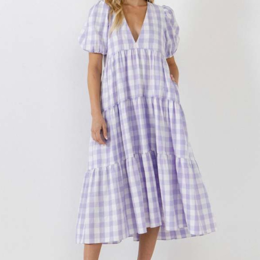 NWT English Factory Women’s Gingham Tiered Puff Sleeve Dress, Lavender, Large - Picture 4 of 4